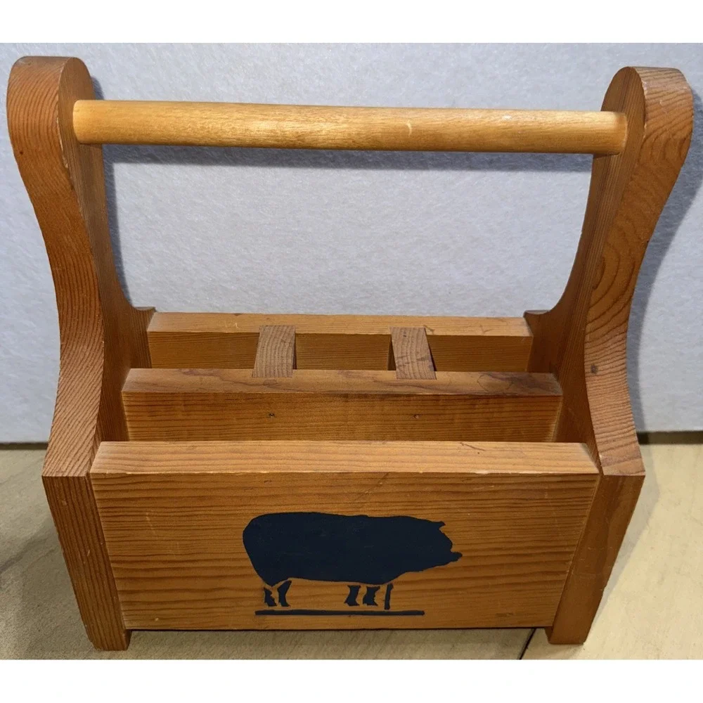 Vtg Silverware Utensil Napkin Holder‎ Caddy Solid Wood With A Pig